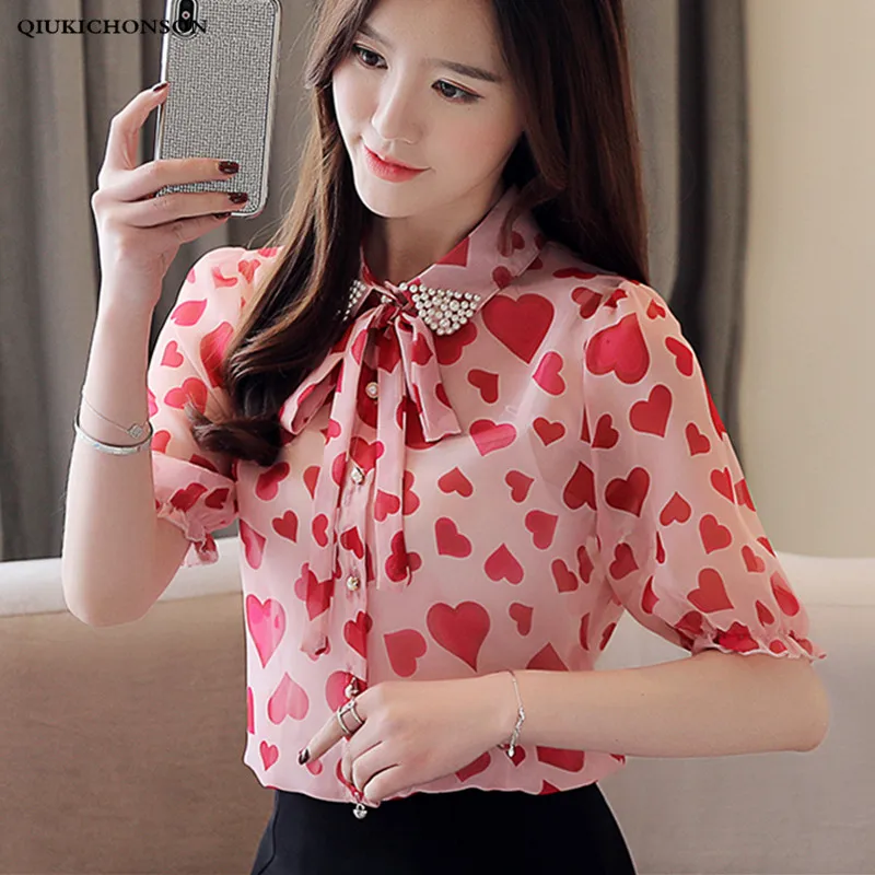 

Elegant Heart Print Short Sleeve Chiffon Blouse Women Cute Beading Turn-down Collar Bow Tie Shirts Summer Tops Chemise Camisa