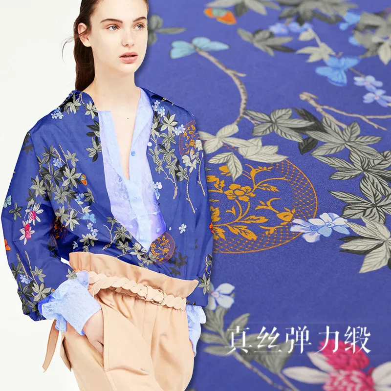 

New natural silk stretch satin fabric 112cm wide 25mm leaf printed silk fabric fabric cheongsam dress pajamas bedding DIY cloth