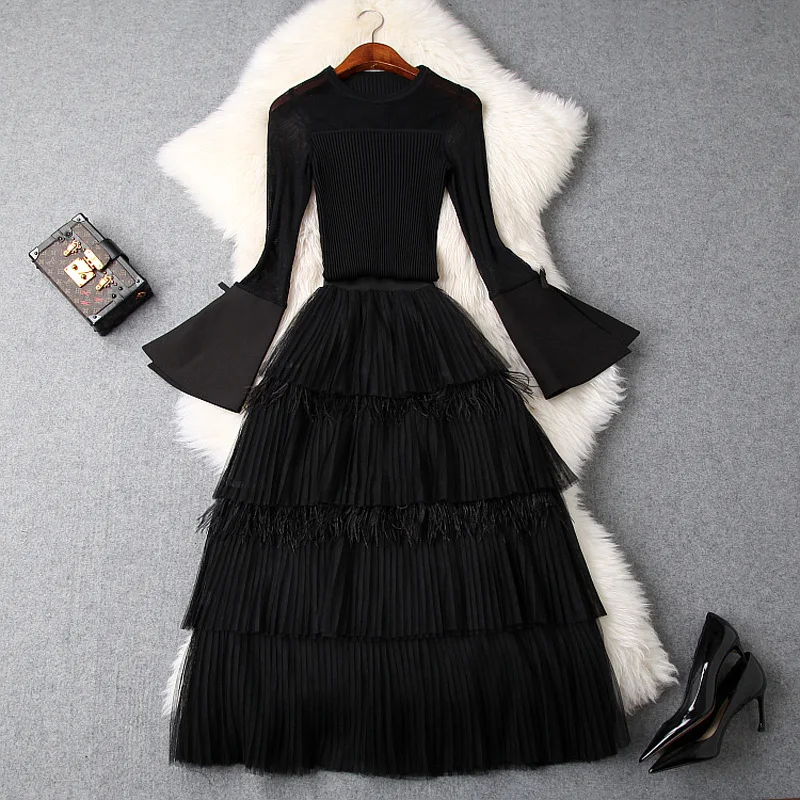 Для женщин пикантные вязаный свитер рукав «фонарик» разнотканные Топы бахрома слоистых юбки-пачки костюмы черный готический стиль