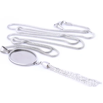 

5pcs Stainless Steel Blank Cabochon Settings 18x25mm oval square Pendant base diy 80cm chain necklace bezel trays with tassel