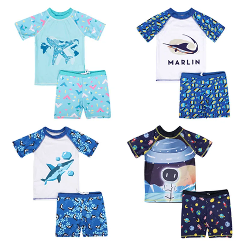 

Baby Boy Swimwear Shark Fish Comic Print Round Collar Set 2 Pieces Boys Swimsuit Short Sleeve Beachwear Swimming Suit