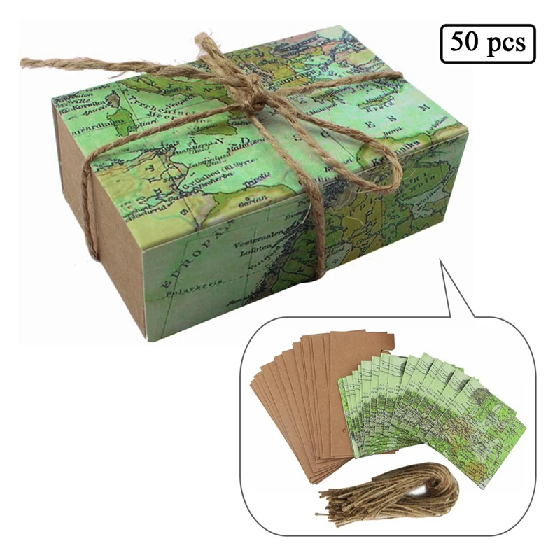 

KAZIPA 50Pcs "Around the World" Map Favor Boxes Travel Theme, Wedding Party Decoration Vintage Kraft Paper Candy Gift