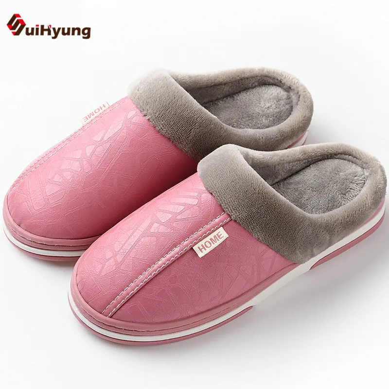 

Winter New Women's Warm Plush Slippers Waterproof Dirt Resistant PU Leather Indoor Slippers Thick Bottom Non-slip Home Shoes