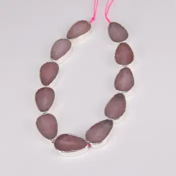 

11pcs/str 20x30mm Plated Silvery Edged Flat Teardrop Pink Quartz Pendant Beads,Natural Quartz Stone Faceted Slab Beads Necklace