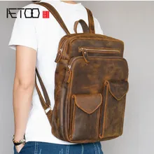 AETOO Durable Horse Leather Men’s Leather Shoulder Bag Travel Backpack Head Cream Leather Bag