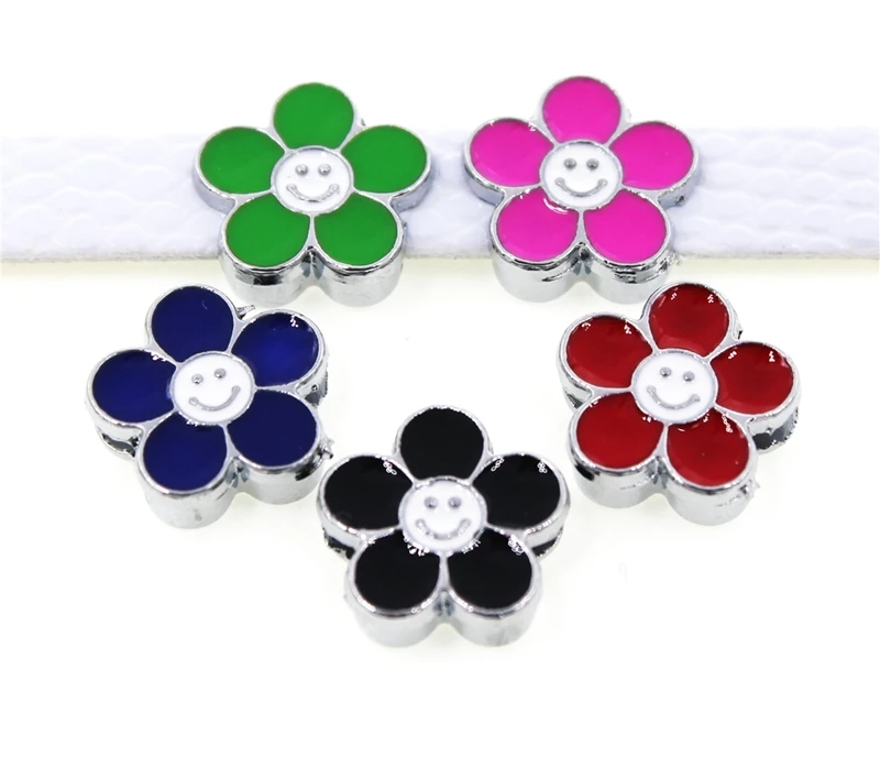 

8mm Multicolor Smile Sunflower Slide Charms Flat Hole Beads Keeper Fit 8mm Stainless Steel Mesh Bracelets DIY Jewelry Making