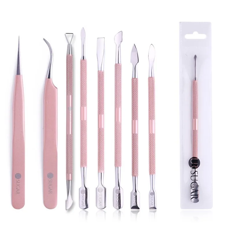 

UR SUGAR Rose Gold Cuticle Pusher Dead Skin Remover Dual-ended Stainless Steel Curved Tweezer Professional Nail Art Tool Kits