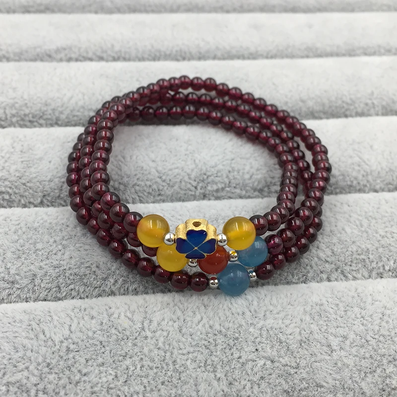 Sinya Girls Four leaves Clover Charms bracelets Strand by high luster quality natural Garnet for lover Mum elastic bangles Hot  (4)