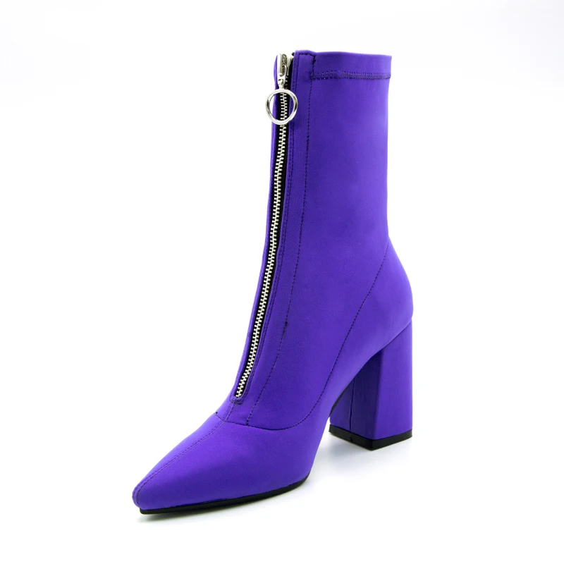 Skup 2018 jesień nowe buty damskie Lycra szpiczasty nosek buty na kwadratowym obcasie kobieta moda Bota Feminina botki czarna fioletowa róża czerwona