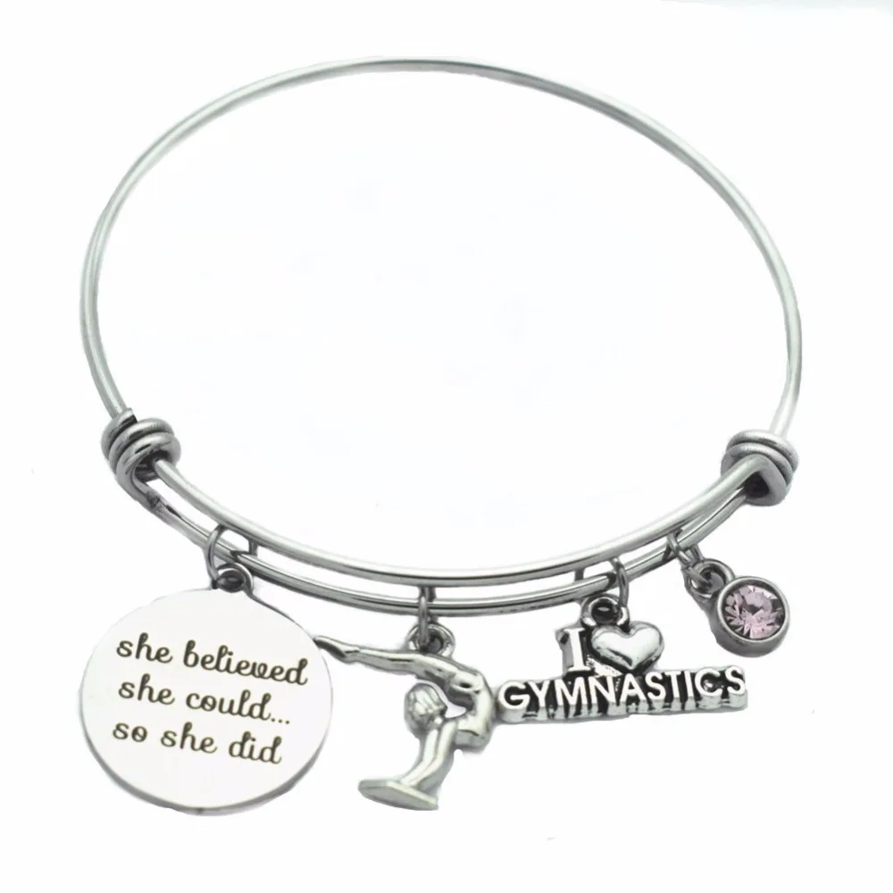 

64mm Wholesale Bulk Stainless Steel Adjustable Wire Bangle Charm Bracelet Gymnastics with Birthstone Gift for Gymnast