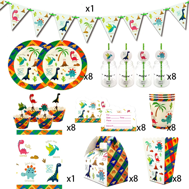 

Party supplies 66pcs for 8kids 2019 New Dinosaur theme birthday party decoration tableware set, plate+cup+straw+flag+tablecover