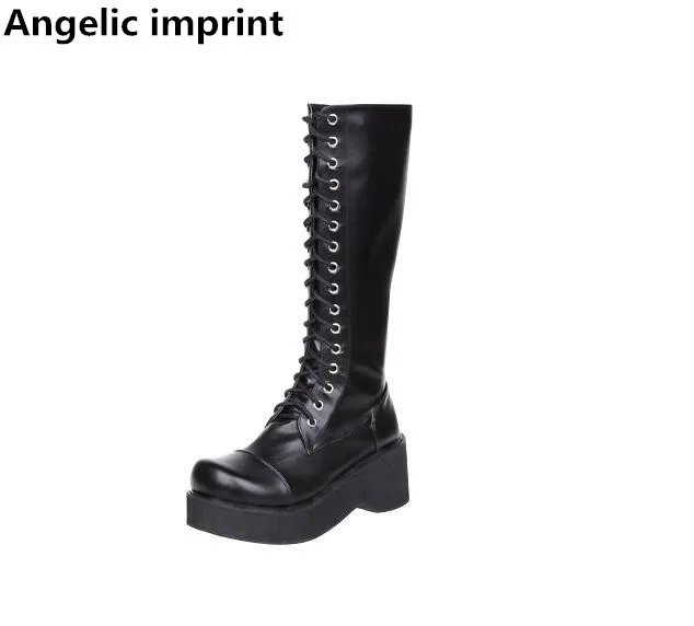

Angelic imprint New mori girl Women motorcycle boots lady lolita Boots woman high trifle heels pumps wedges shoes lace up 33-47