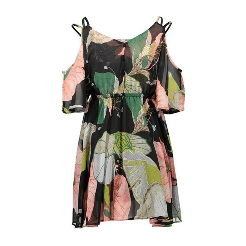 Casual Beach Dress Cold Shoulder ruffle print Summer dresses women High waist strap chiffon beach dress Boho party sexy dresses (8)