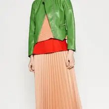 Yidora Осенняя коллекция года Для женщин мятно-зеленого цвета, Искусственная кожа моторный Байкер короткие жакеты, застежки детали длинное плиссированное платье с длинными рукавами