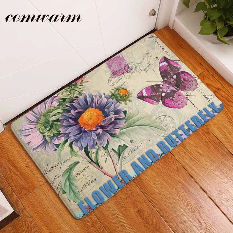 Comwarm Anti Slip Door Mat Vintage Butterfly Flowers Kitchen