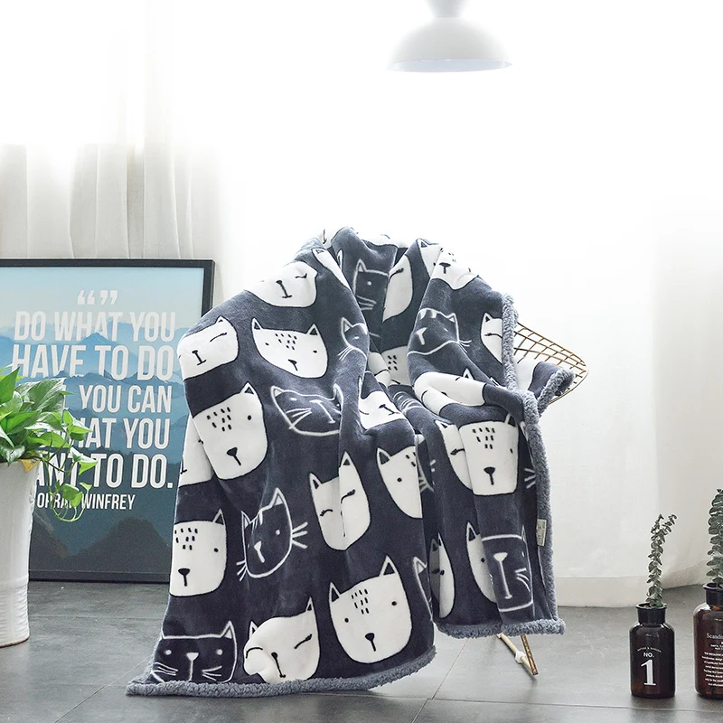 

Cat Head Pattern Warm Flannel Blanket Coral Plaid For Sofa Air Throw Travel Manta Soft Blanket For Beds Throws Fleece Blanket