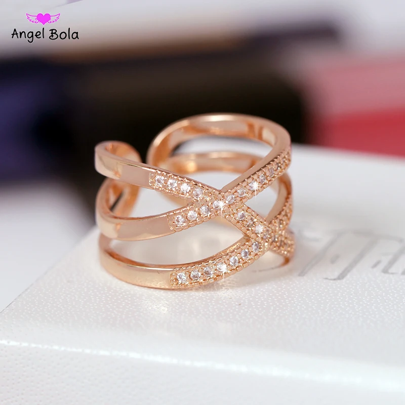 Unique Design Open X Shaped Rings with Pave Setting Cubic Zirconia