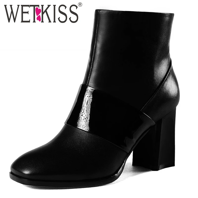 Size 34-43 High Quality Genuine Leather Square Toe Women Boots Add Fur Elegant Thick High Heels Fall Winter Boots Shoes Woman