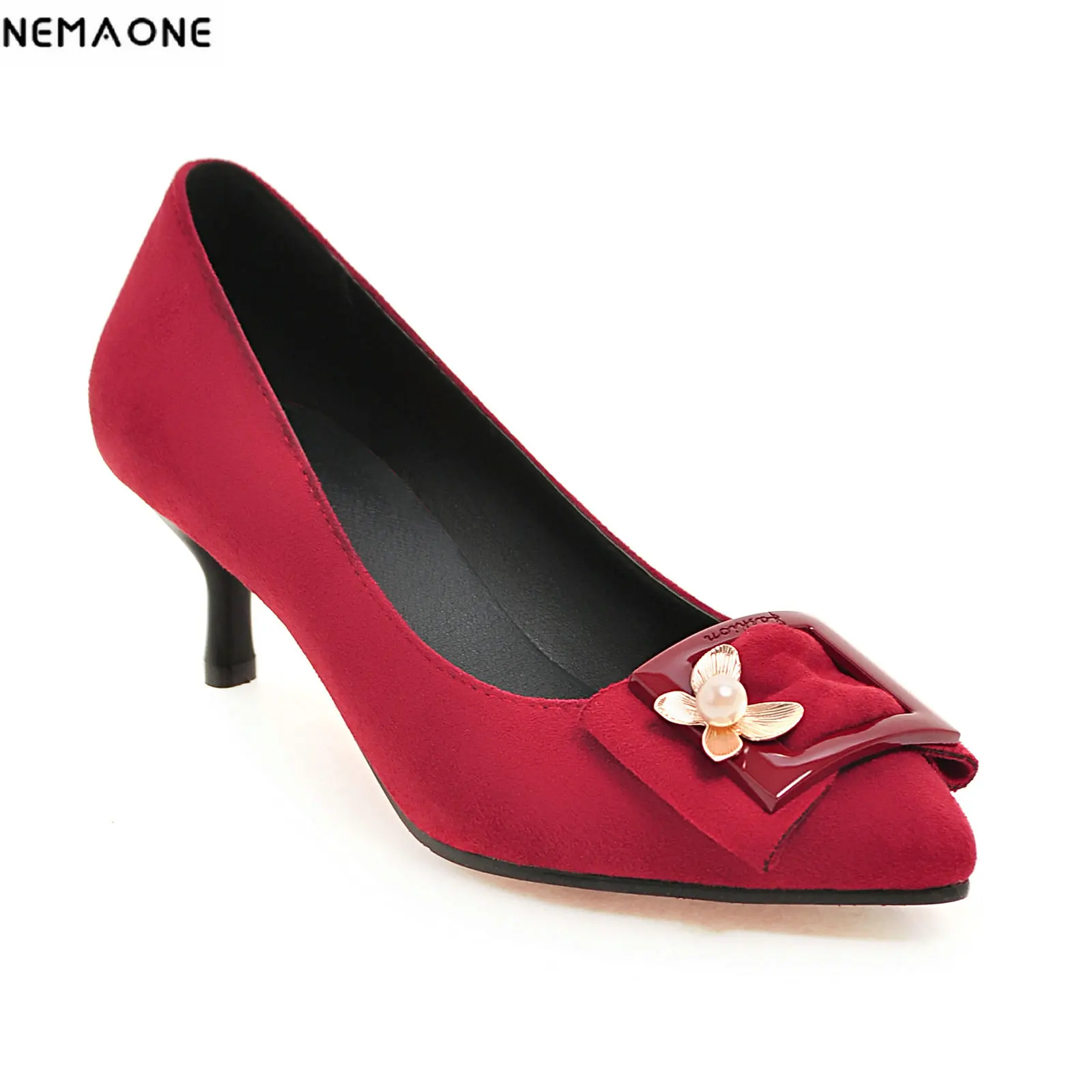 

2018 New flock women pumps 5.5cm thin high heels shoes woman poined toe flower wedding shoes