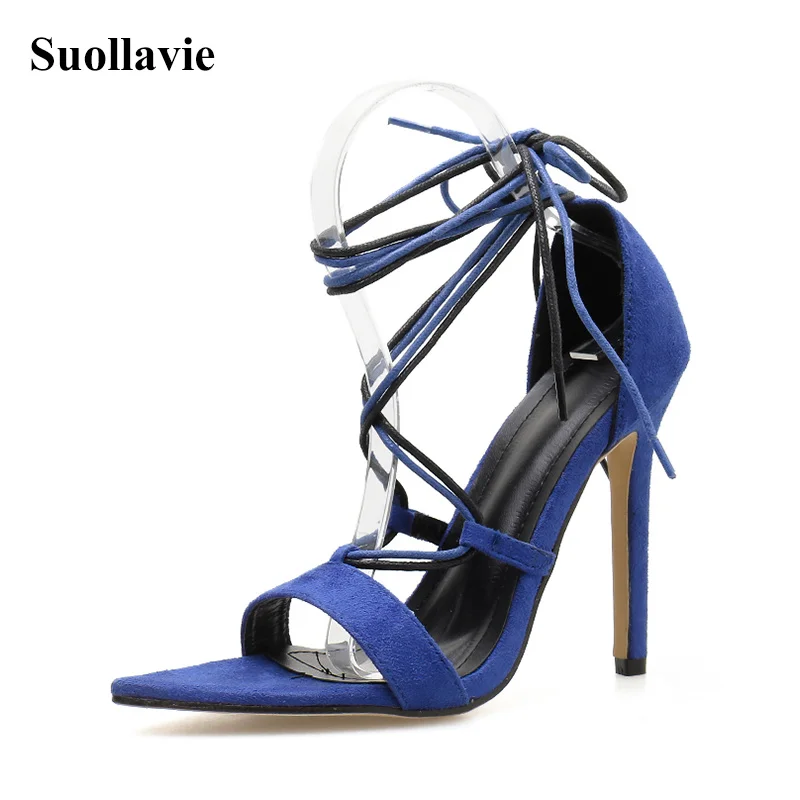

New Peep Toe Gladiator Shoes Woman Sandals Thin Heels Buckle Sexy Sandals Cross-tied Black Blue Shoes Pointed Toe Heel Sandals