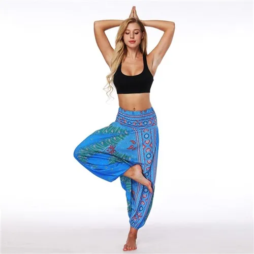 capri dress W-Yunna Ladies Women Beach Pants Trousers Boho Gypsy Hippie Women Wide Leg Harem Peacock Feather Print Elastic Pants Trousers plus size clothing Pants & Capris