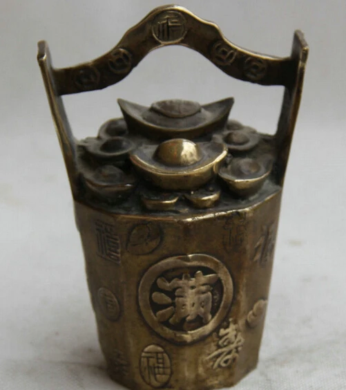 

875++5" Chinese Folk Home Copper Wealth Yuan Bao treasure bowl barrel bucket keg statue
