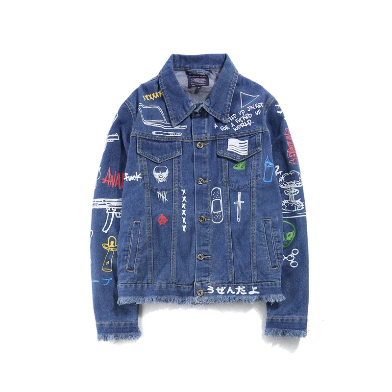 Джинсовая куртка Мужские, женские в стиле хип-хоп Уличная одежда панк Рейв стимпанк мотоцикл ковбой граффити «рваная» куртка Верхняя одежда брендовая джинсовая куртка - Цвет: Синий