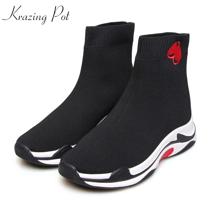

Krazing Pot knitting slip on Hollywood superstar sock boots wedges Autumn Spring casual leisure love patterns ankle boots L13