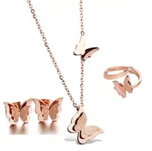 316L de acero inoxidable chapado en oro Rosa esmerilado mariposa encantos de la joyería set collar + aretes + anillo ajustable