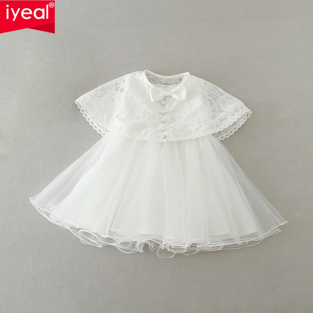 

IYEAL 2018 New Infant Baby Girls 1 year Birthday Dress With Lace Shawl Children Wedding Party Dresses Little Girl Clothes 0-2Y