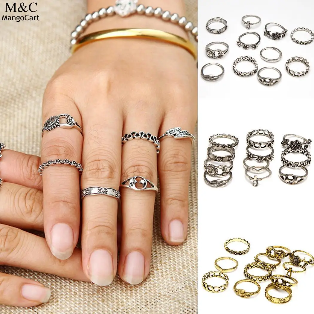 Stone Women Punk Vintage Style Knuckle Rings Tribal Hippie 11PC/Set