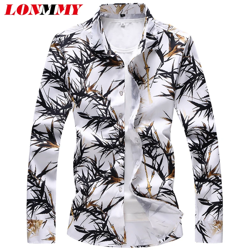 

LONMMY 6XL 7XL Mens shirts casual slim fit Bamboo pattern Long sleeve blouses dress shirt male 35%Cotton Camisa social masculina