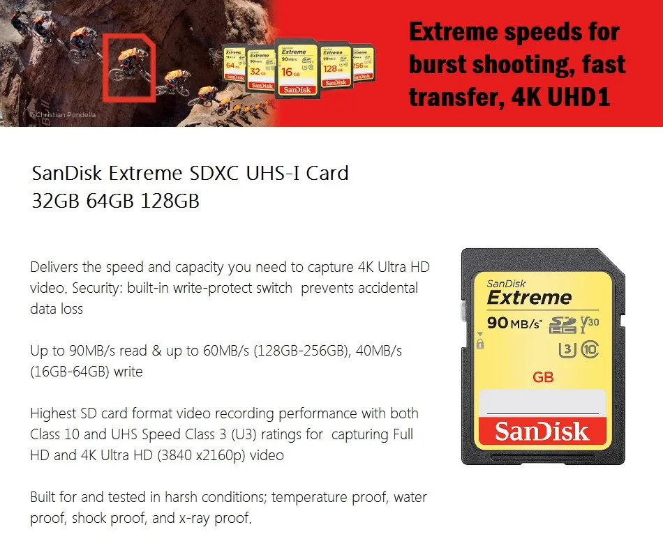 Продукт карты памяти SanDisk Extreme SDHC/SDXC SD карты памяти 32 Гб 64 Гб 128 ГБ 256 Class10 C10 U3 V30 90 МБ/с. UHS-I для Камера SDXVE