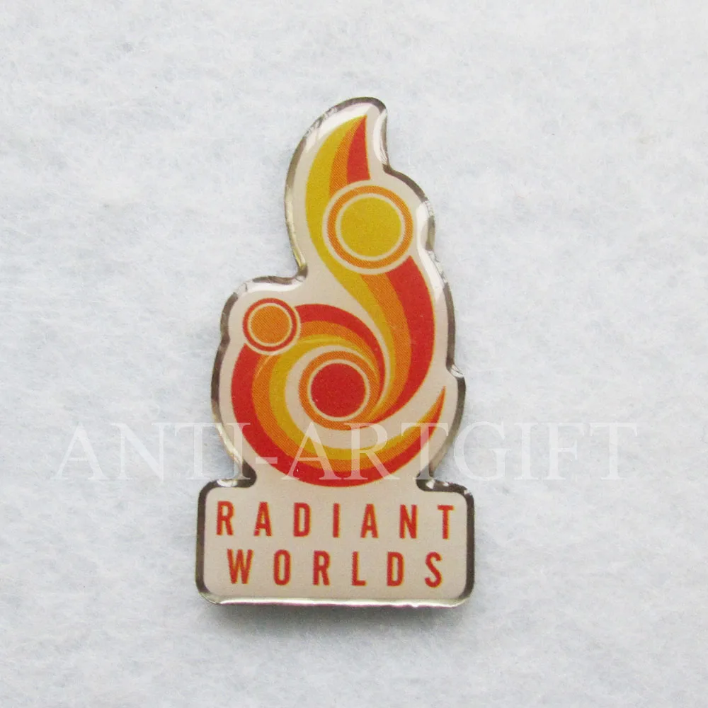 

Custom unique offset printing lapel pins print your logo RADIANTS WORLD with epoxy newest badges base on clients cheap price