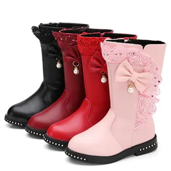 

Girls Boots for Girls Lace Pearl Bowtie Fashion Boots Princess Winter Flats Dress Shoes Black Red Pink Wine red Snow Shoes