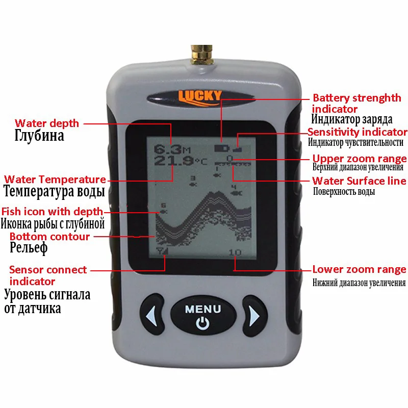  FFW718 LUCKY Depth Sonar Fish Finder Wireless Russian Menu Portable Fish Finder 45M/135FT