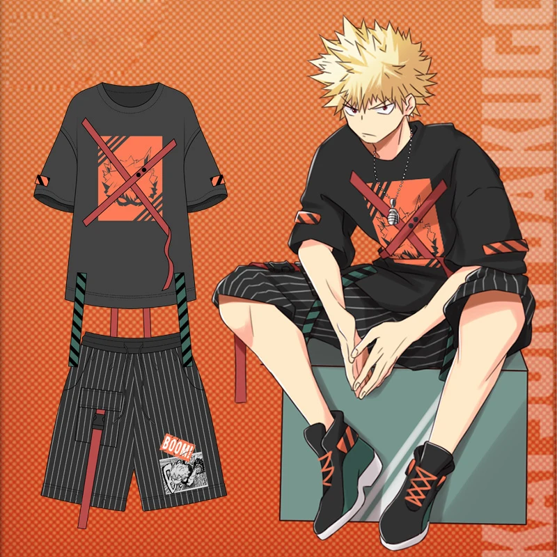 Японский аниме мой герой Academy Bakugou костюм кацуки для косплея футболка с короткими рукавами + шорты для мужчин и женщин летний уличный стиль