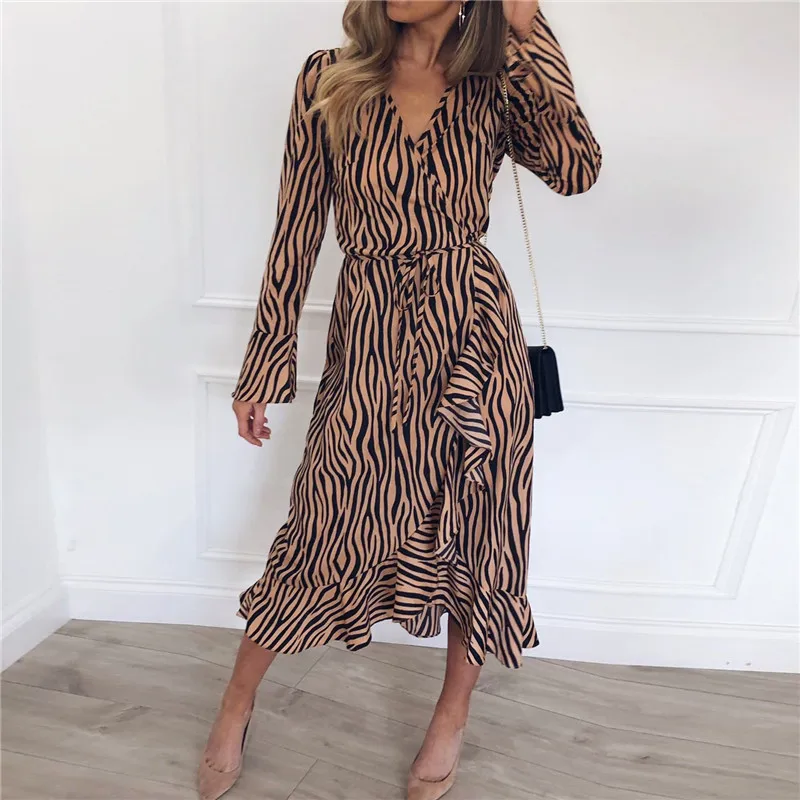 

Summer Ruffles Long Dresses 2019 Women Zebra Print Beach Chiffon Dress Ladies Long Sleeve V Neck Elegant Party Dress Vestidos