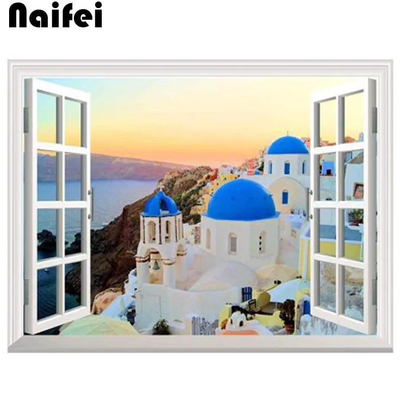 

diy round Diamond painting Sunset View of the Blue Dome Churches of Santorini, full diamond embroidery Window View Home Decor