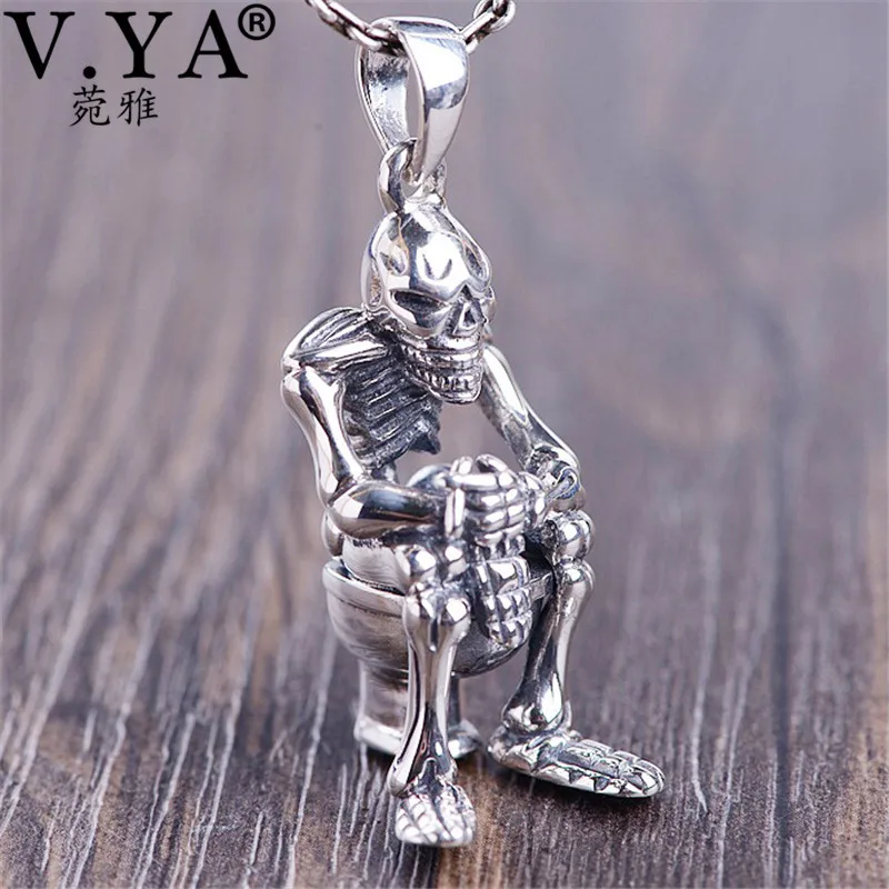

V.YA Funny Toilet & Skull Pendant 925 Sterling Silver Pendants Necklaces for Men Male Hiphop Rock Style Jewelry