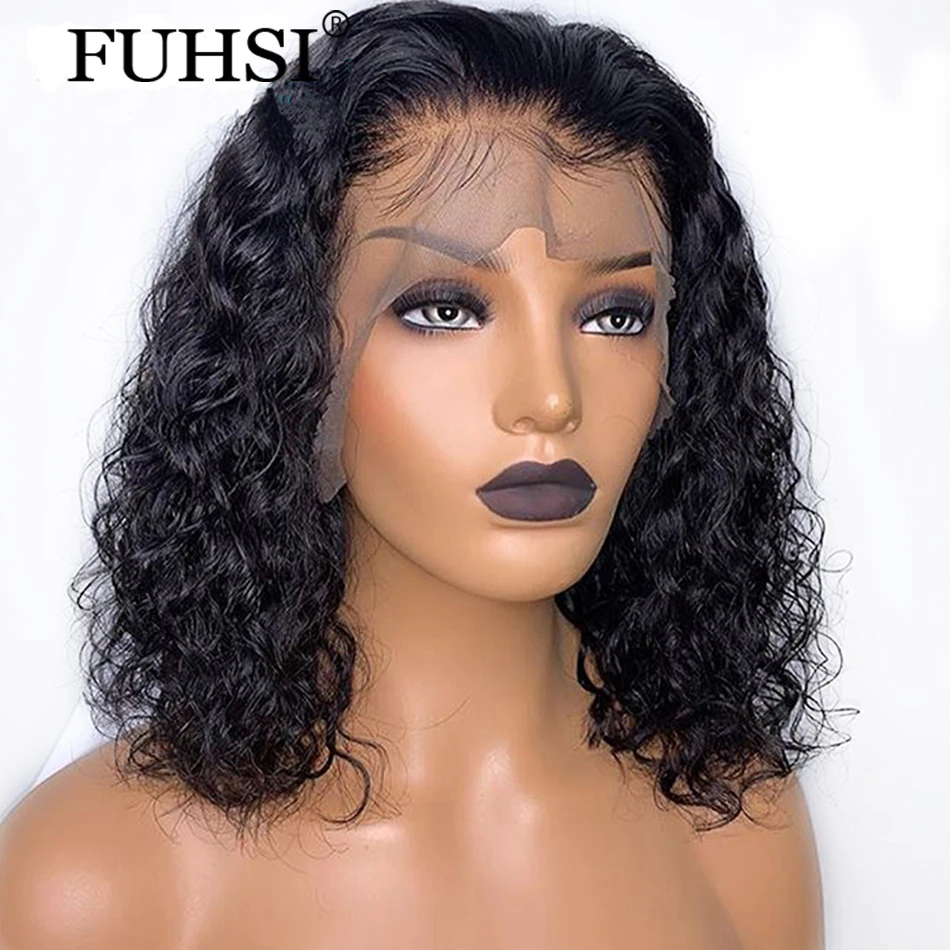 FUHSI Short Curly Bob Wig 360 Lace Frontal Human Hair Wigs For Women