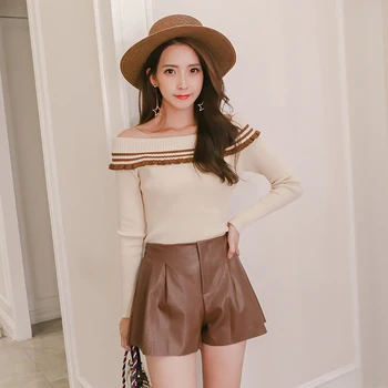 

autumn new shoulder knit sweater pu leather short pants korean fashion girl knitwear suits women pullover top & shorts clothing
