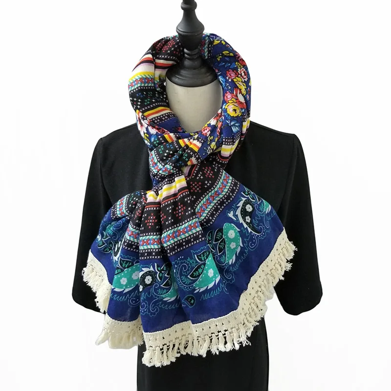 Women Ethnic Scarf Paisley Floral Hijab Cotton Blanket Scarf Vintage