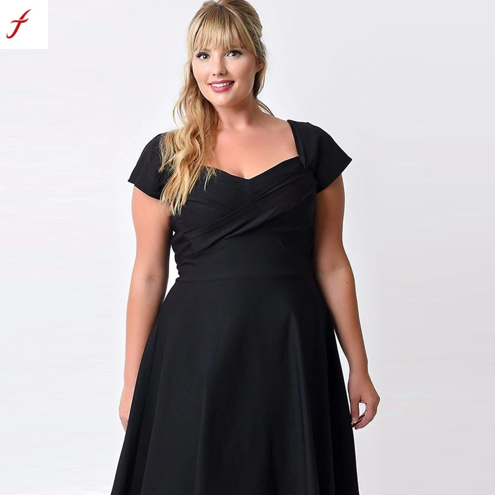 FEITONG Plus Size Women Casual Short Sleeve Formal Cocktail Solid Swing ...