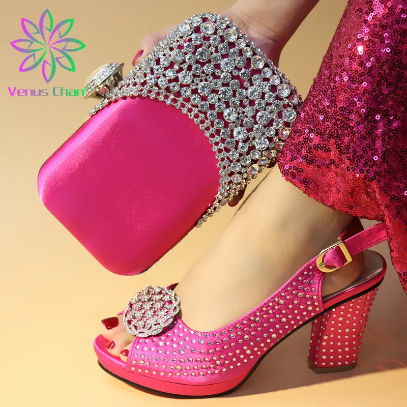 

Buckle Strap Fuchsia Italian Shoes and Bag Set 2019 New Design Shinning Super High Heels African Shoes Matching Bag to Party