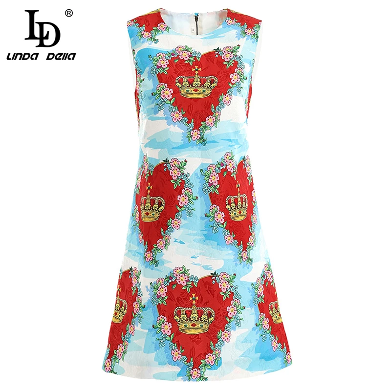 

LD LINDA DELLA New 2019 Fashion Summer Dress Women's Sleeveless Floral Printed Elegant Vintage Ladies Vacation Mini Dresses