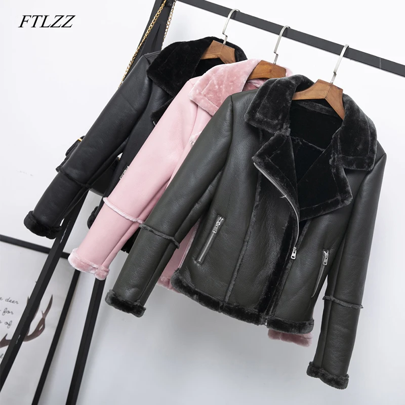 

FTLZZ Women Faux Shearling Sheepskin Coats Winter Thick Warm Pu Faux Lamb Leather Jacket Black Motorcycle Female Overcoat