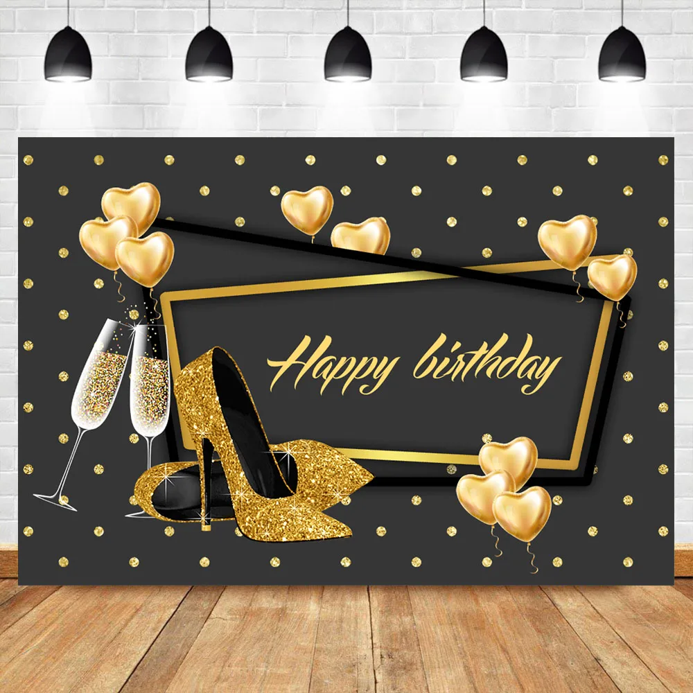 

NeoBack Elegant Lady Birthday Party Backdrop Gold Love Heart Shiny High Heels Champagne Party Banner Photo Background