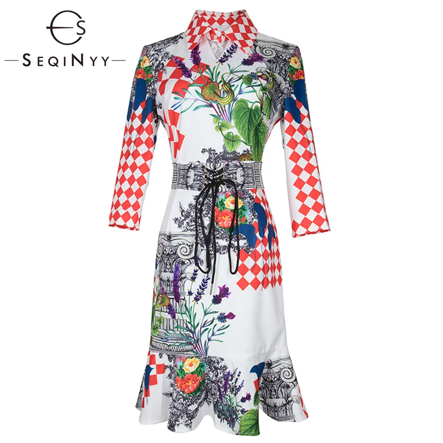 

SEQINYY Trumpet Dresses 2019 Spring Summer Woman's New Fashion Vintage Long Sleeve Sashes Printed Flowers Knee Length Slim Dress