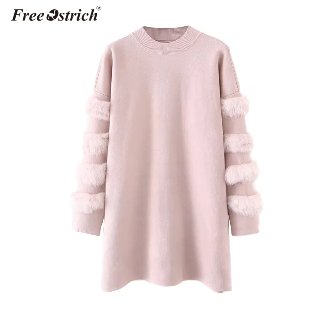

Free Ostrich Luxury Sweater Women Autumn Solid Elegant Female Sweaters Fur Sleeve Basic Casual Pullover Tops Jumpers